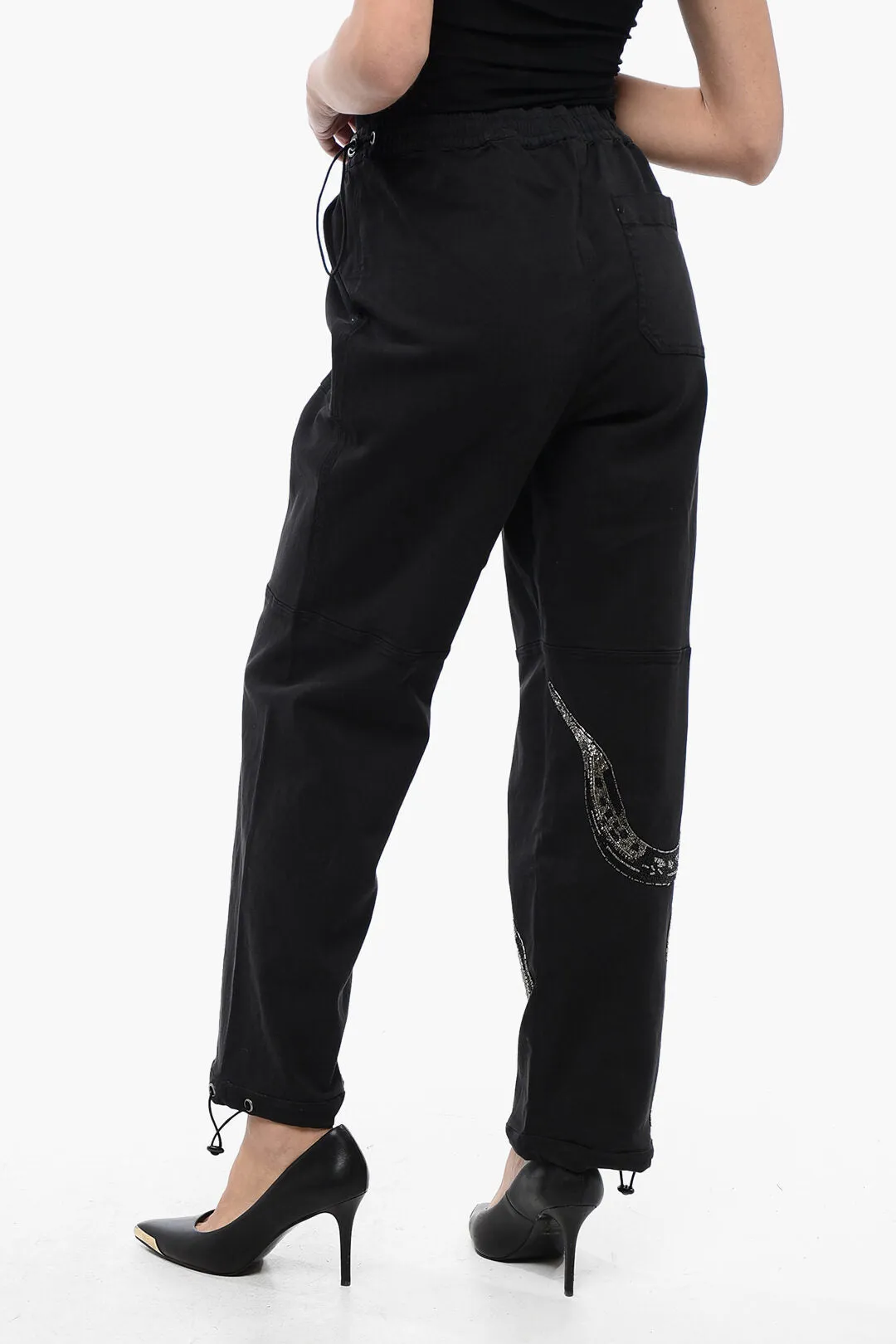 AllSaints Stretch Cotton Pants with Elastic Waistband and Decorated Sn