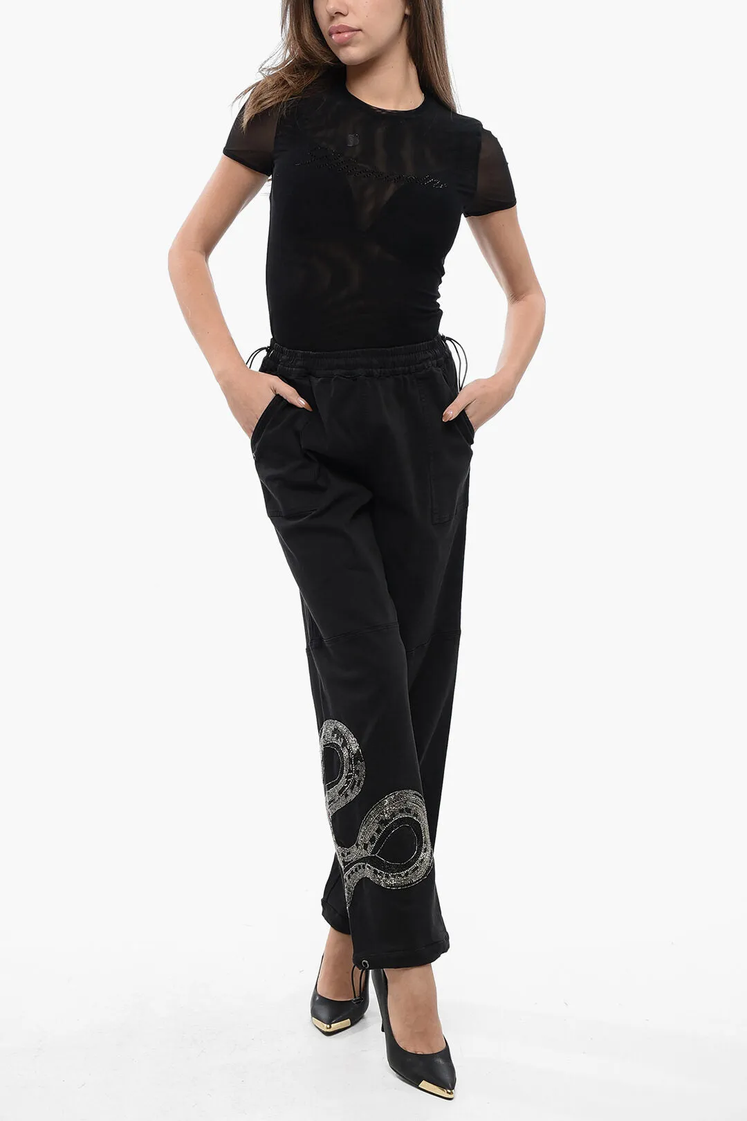 AllSaints Stretch Cotton Pants with Elastic Waistband and Decorated Sn