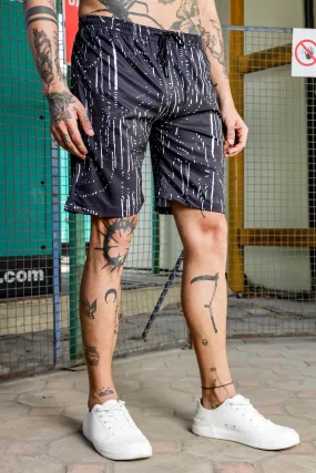 Black Geometric Print Textured Fabric Relaxed Fit Shorts