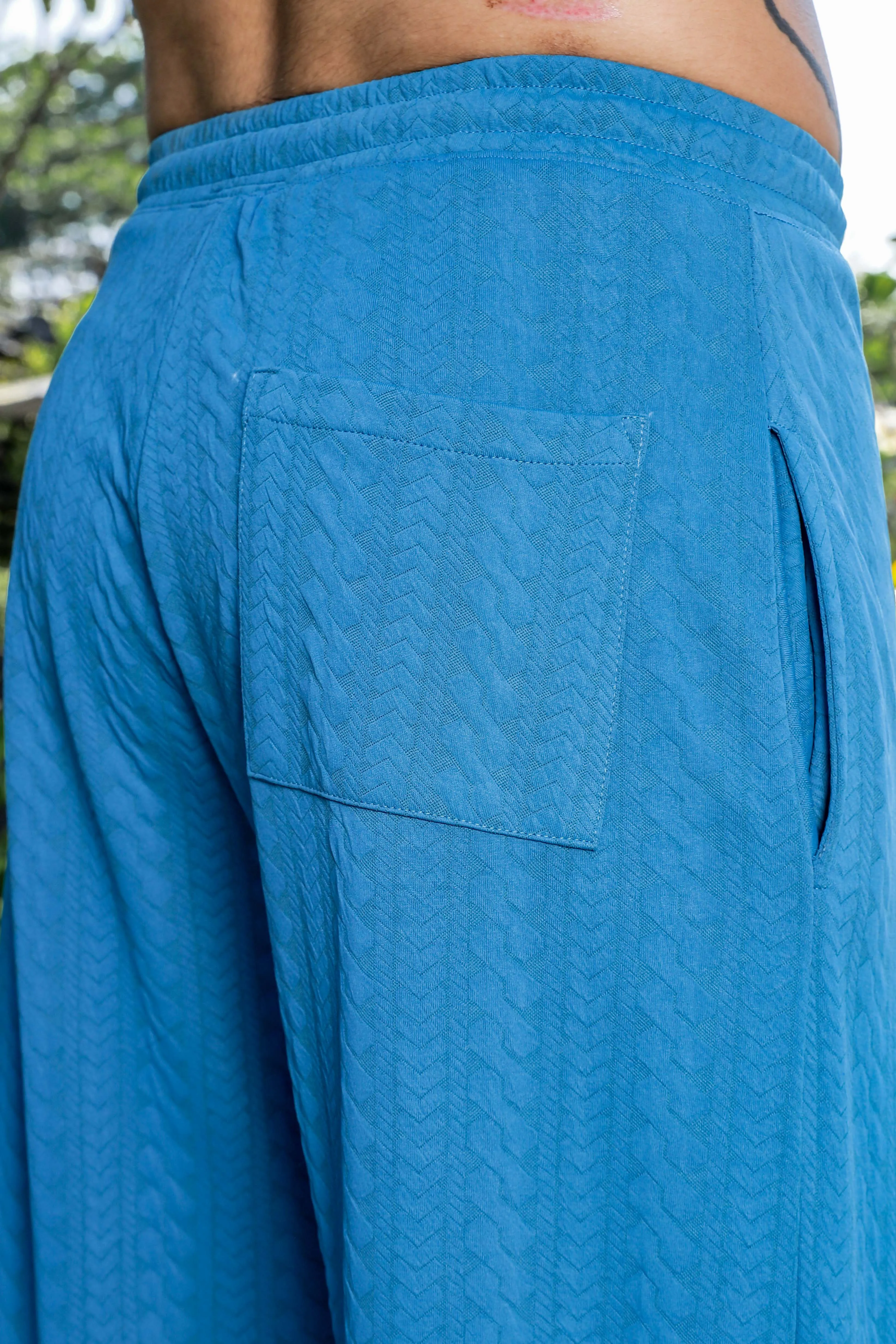 Blue Textured Relaxed-Fit Mid-Rise Track Pant