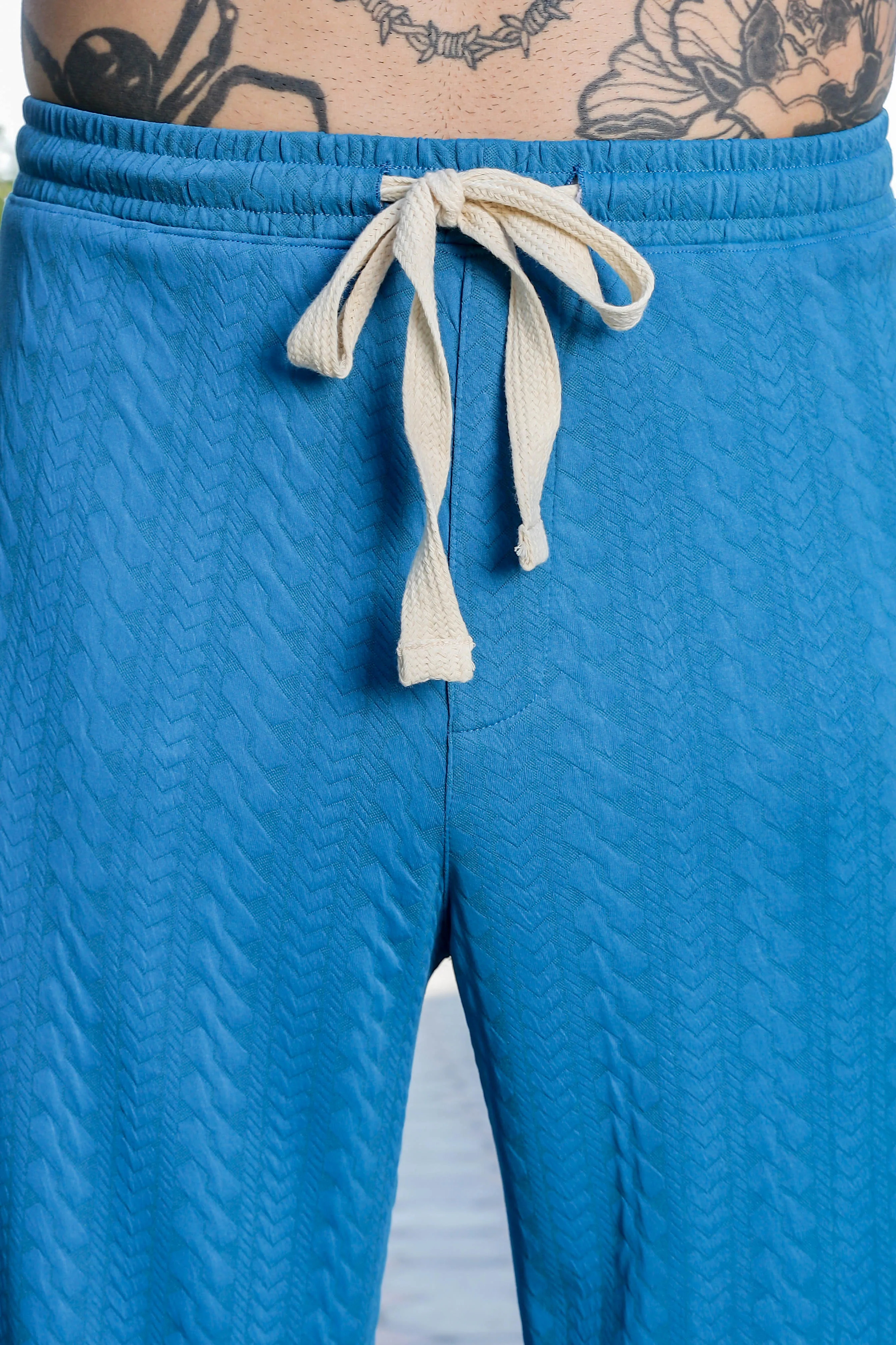 Blue Textured Relaxed-Fit Mid-Rise Track Pant