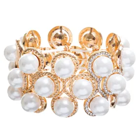 Bridal Wedding Jewelry Crystal Rhinestone Impressive Faux Pearl Bracelet B499 GD