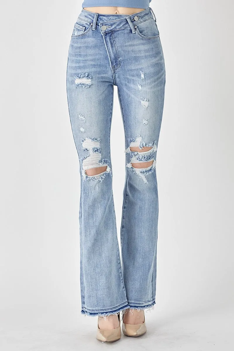 Criss Cross Distressed Stretch Flare