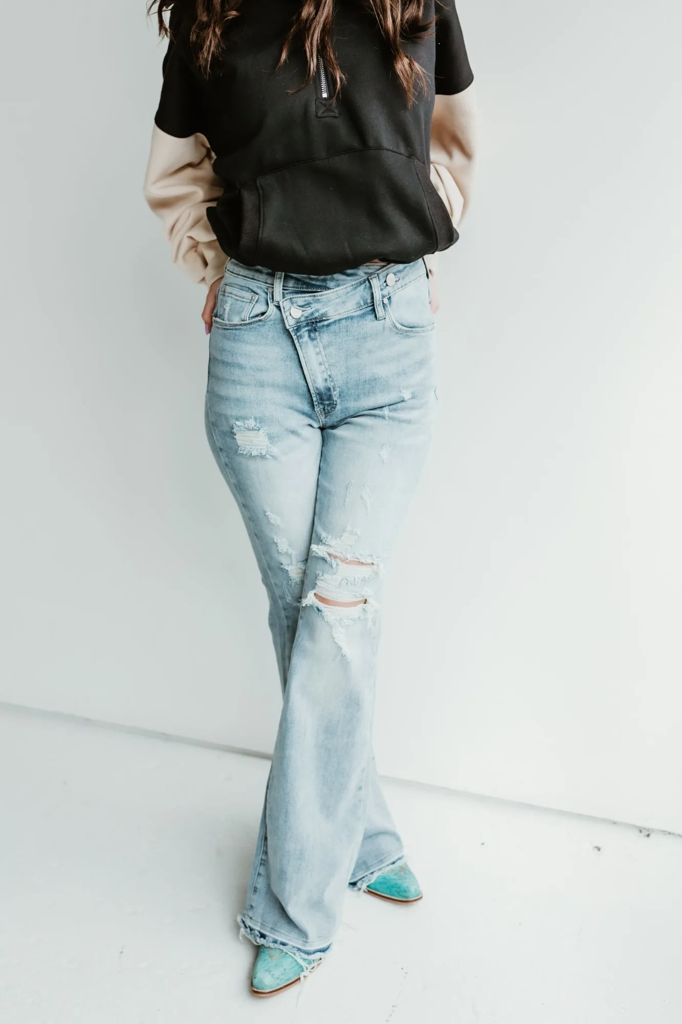 Criss Cross Distressed Stretch Flare