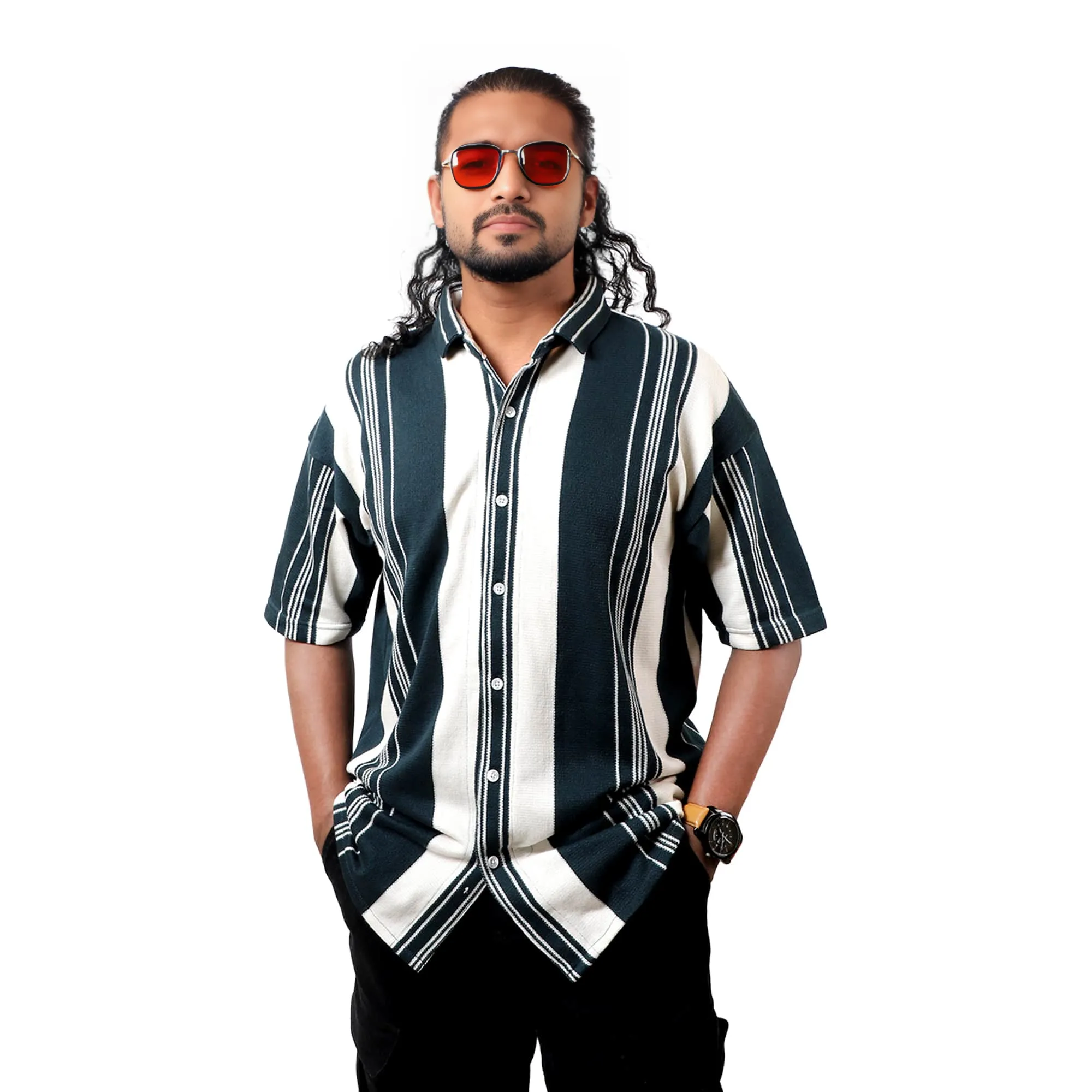 Dark Green Urban Stripe Knit Shirt