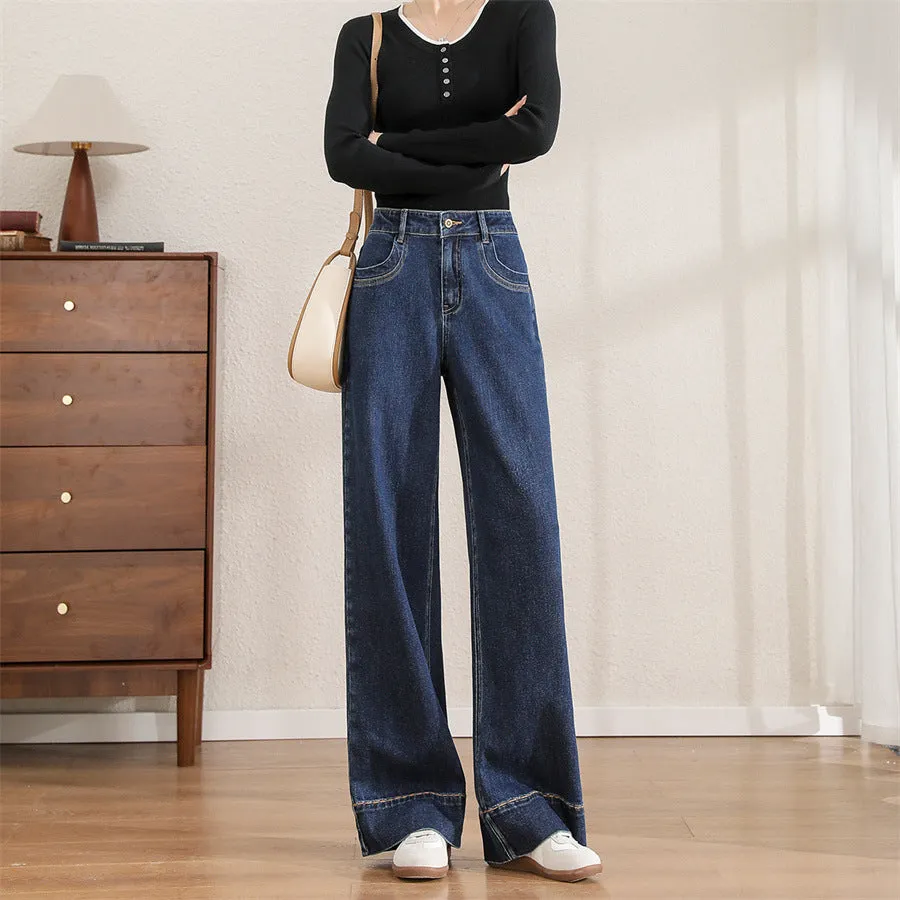High-quality spring narrow version wide-leg straight jeans women's comfortable high waist loose and thin hip width and length