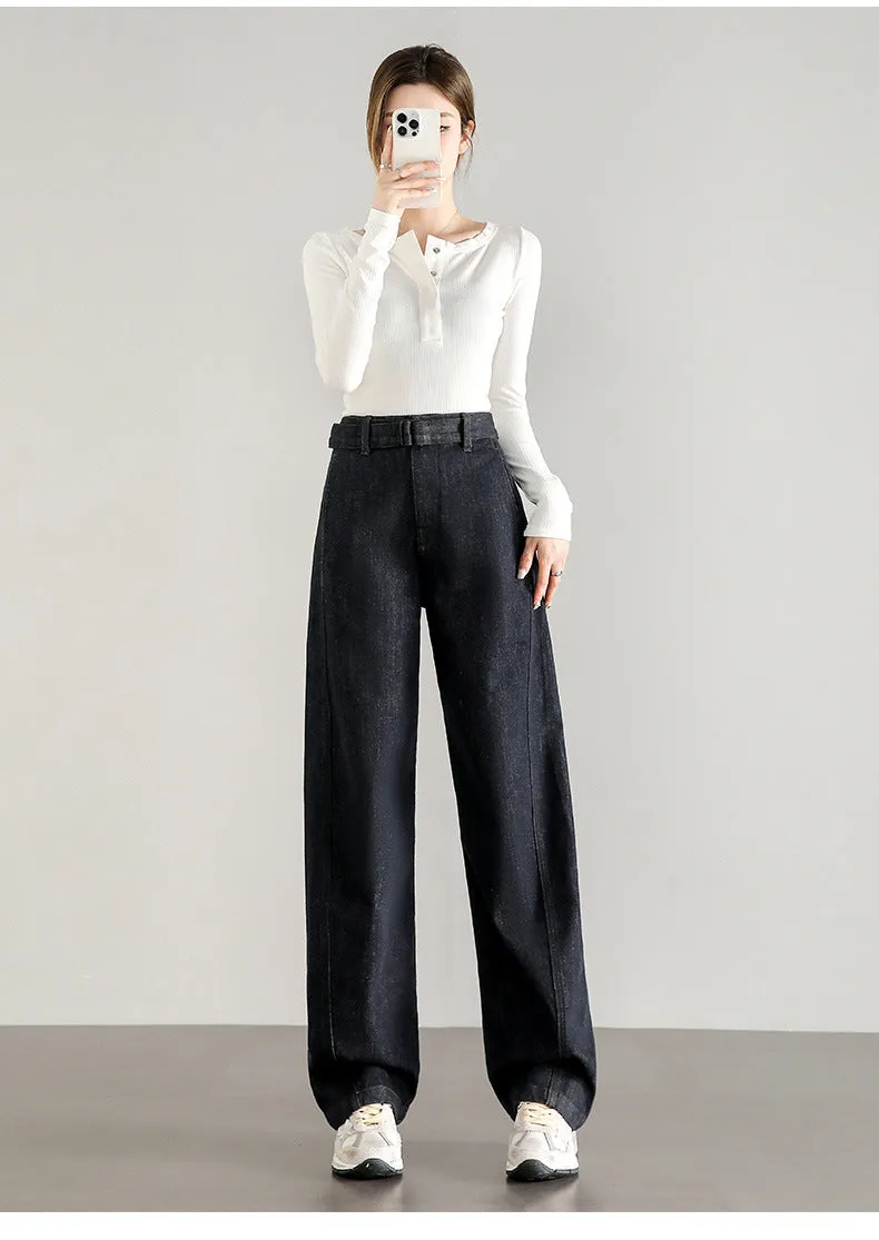 Imported high-quality fabric loose arc cocoon jeans women's big brand flat replacement dark high waist comfortable twisted seam pants