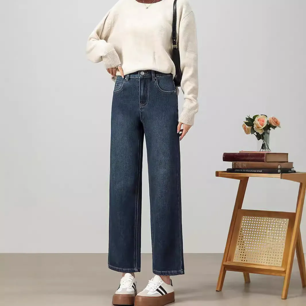 Pure cotton fashion retro jeans women's spring and autumn new loose and thin versatile comfortable straight wide-leg pants